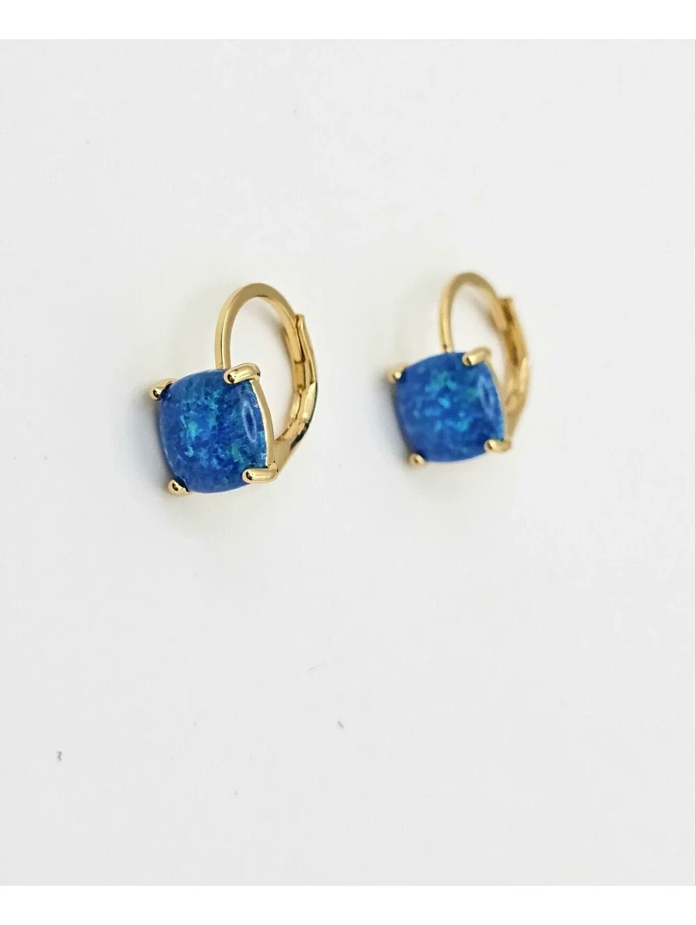 Stunning Lab Blue Fire Opal Earrings Gold-plated Leverback Huggies